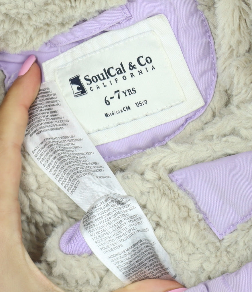 SoulCal & Co Girls Purple 6-7 Years Puffer Jacket Faux Fur Hood Zip