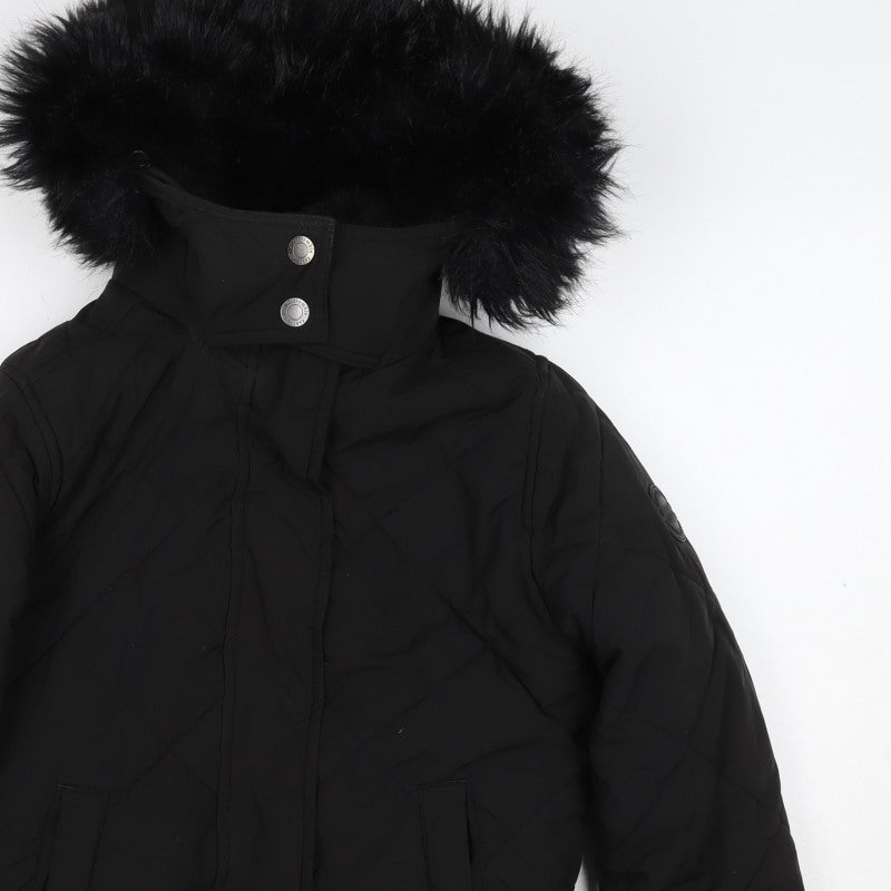 Abercrombie Kids Girls Black 9-10 Bomber Jacket Faux Fur Hood Quilted