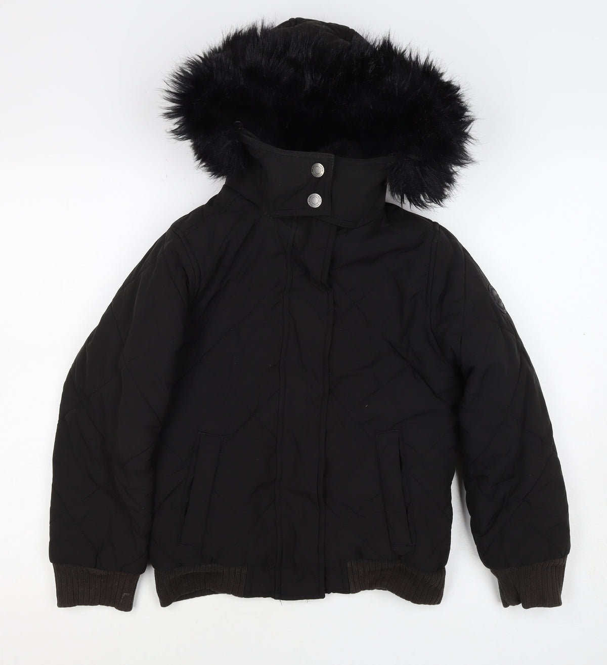 Abercrombie Kids Girls Black 9-10 Bomber Jacket Faux Fur Hood Quilted