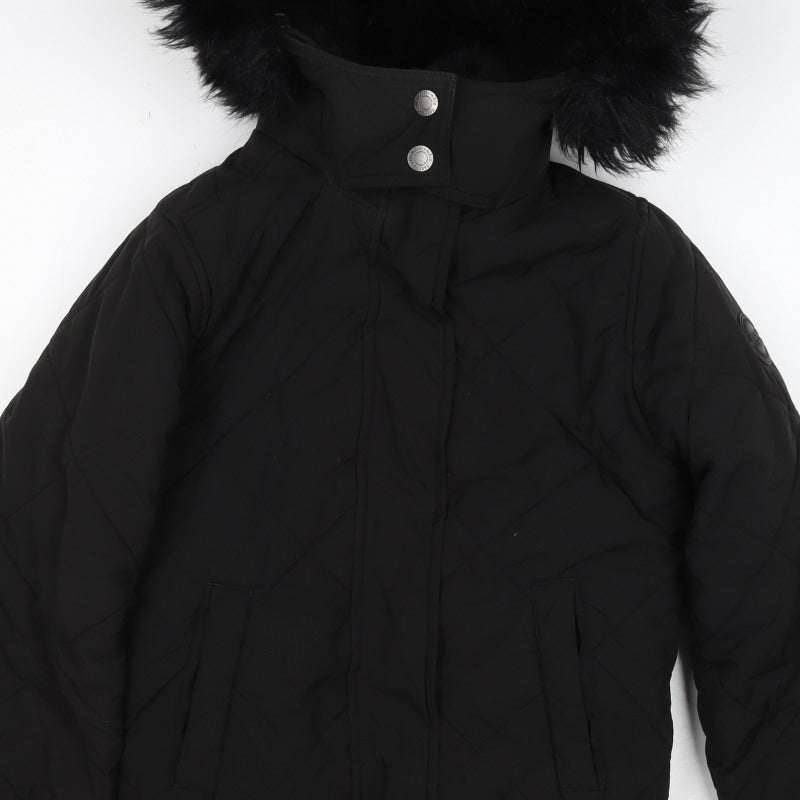 Abercrombie Kids Girls Black 9-10 Bomber Jacket Faux Fur Hood Quilted