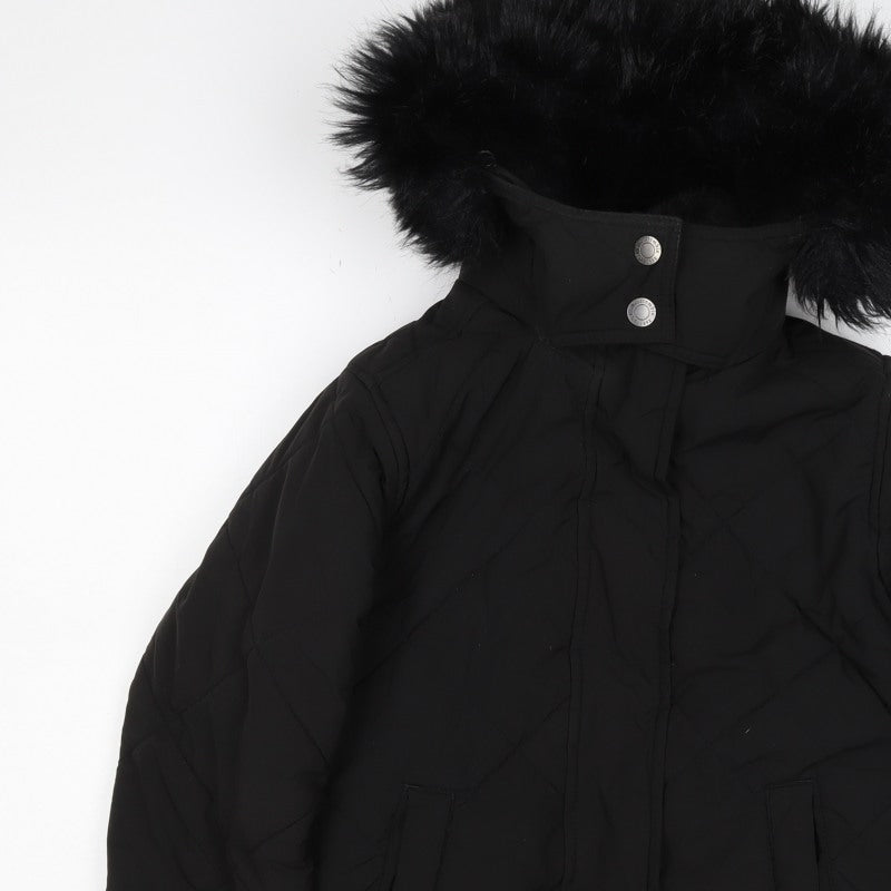 Abercrombie Kids Girls Black 9-10 Bomber Jacket Faux Fur Hood Quilted