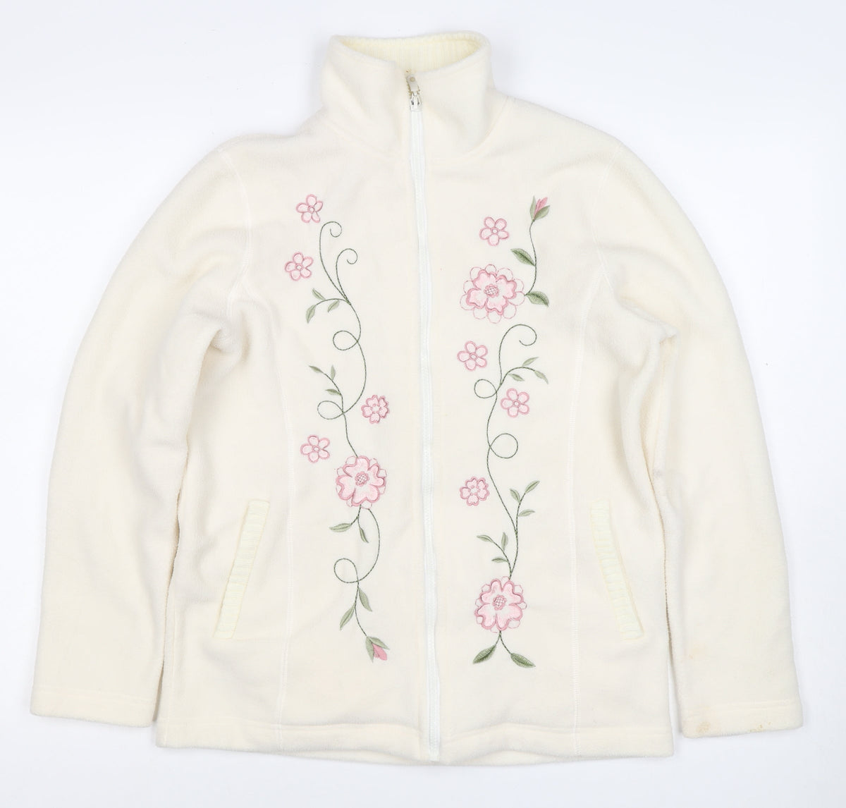 Samari Women’s Ivory Size 10 Floral Embroidered Fleece Zip Jacket