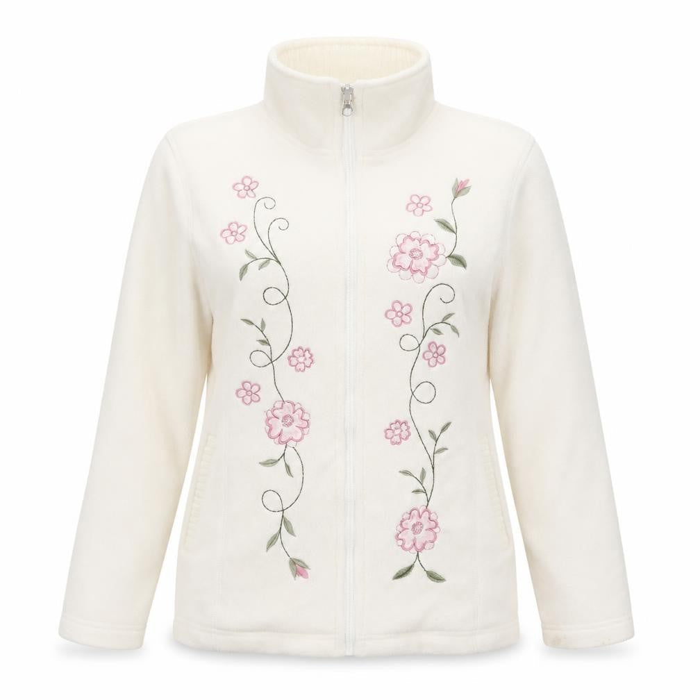 Samari Women’s Ivory Size 10 Floral Embroidered Fleece Zip Jacket
