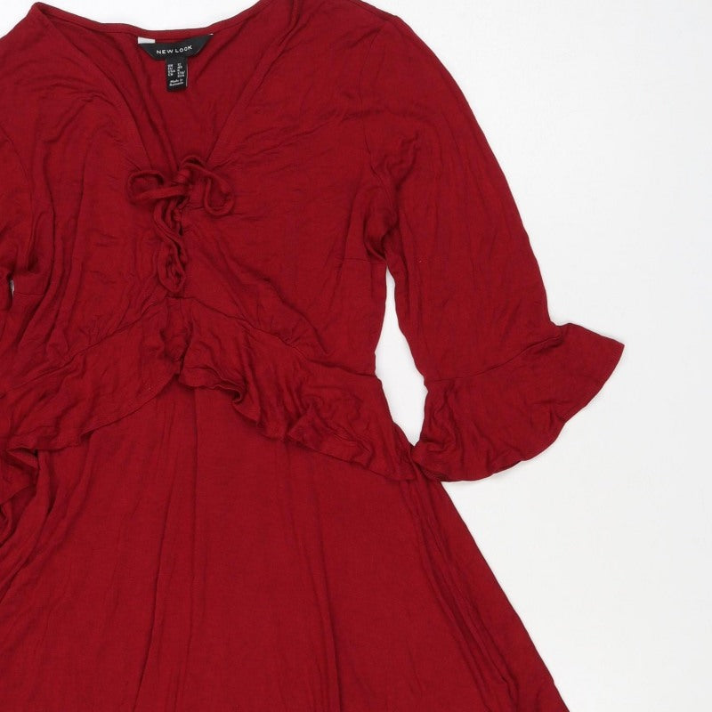 New Look Women Red UK 12 Fit & Flare Ruffle Tie Belt Dress