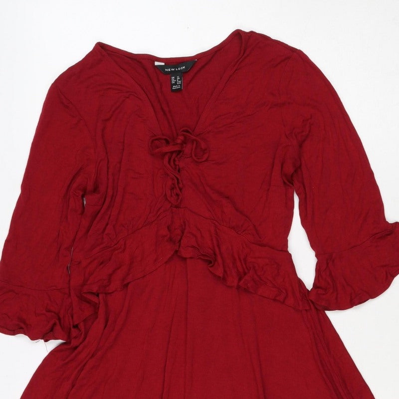 New Look Women Red UK 12 Fit & Flare Ruffle Tie Belt Dress