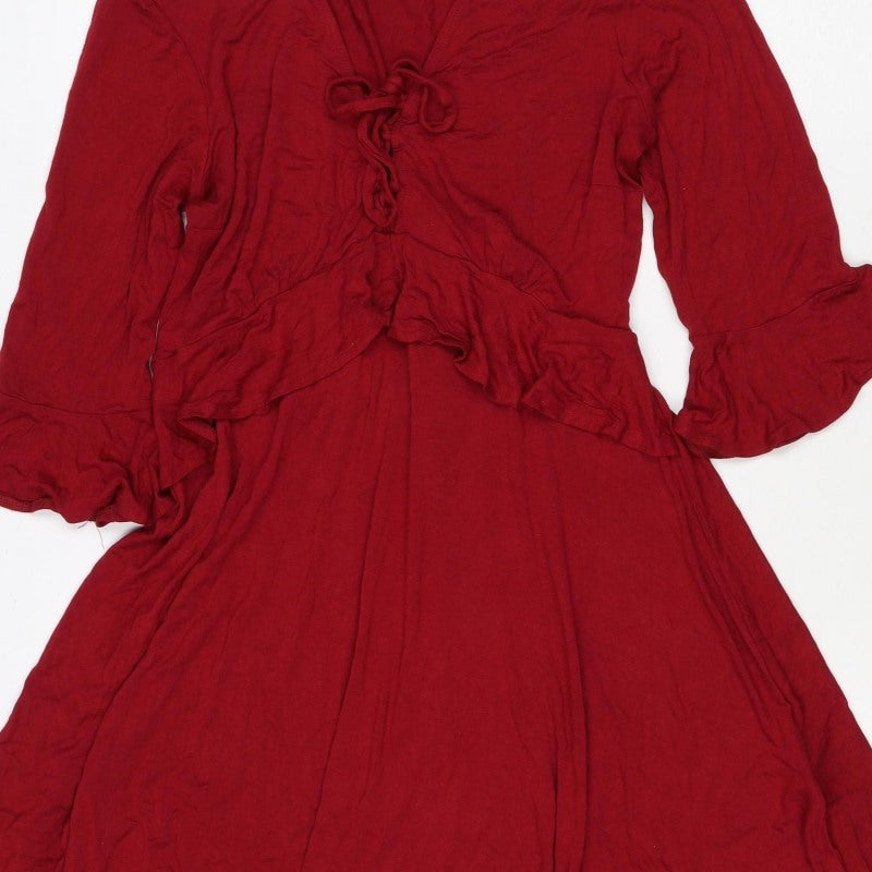 New Look Women Red UK 12 Fit & Flare Ruffle Tie Belt Dress