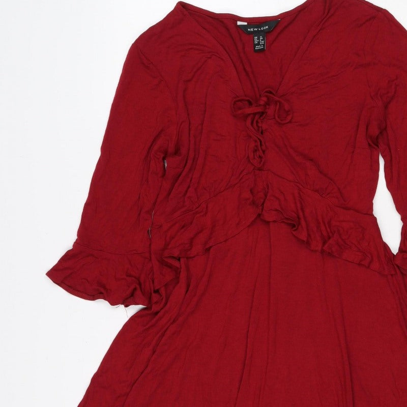 New Look Women Red UK 12 Fit & Flare Ruffle Tie Belt Dress
