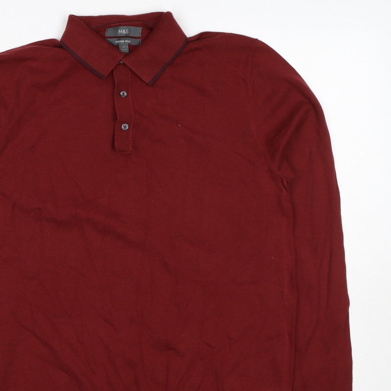 Marks & Spencer Men's Red M Cotton Rich Long Sleeve Knit Polo Shirt
