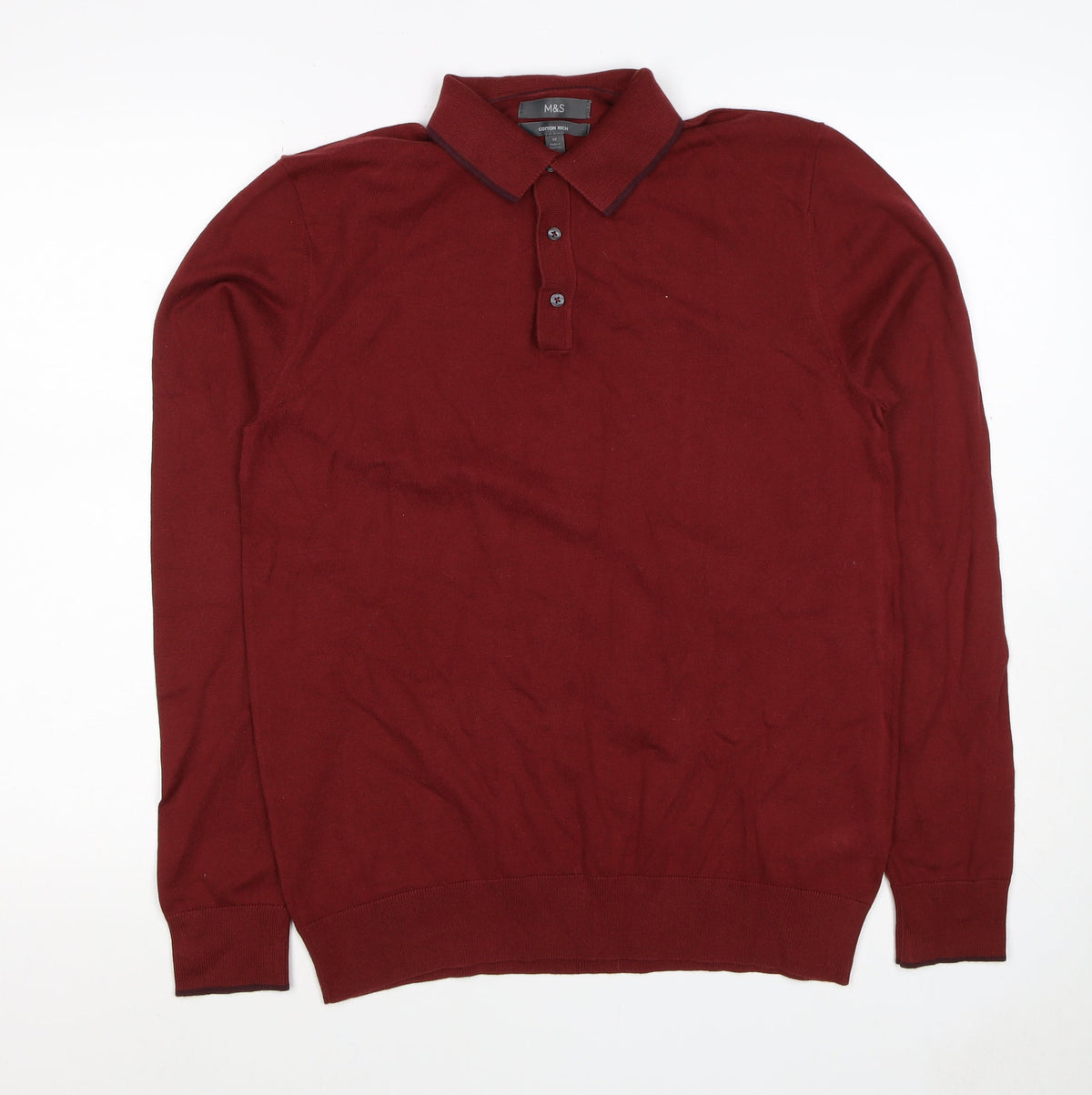 Marks & Spencer Men's Red M Cotton Rich Long Sleeve Knit Polo Shirt