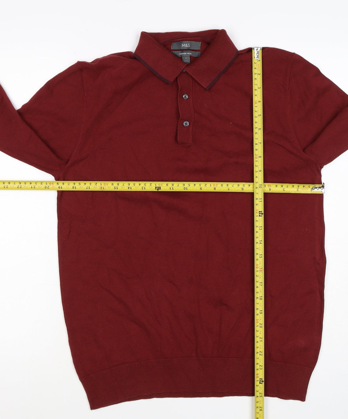 Marks & Spencer Men's Red M Cotton Rich Long Sleeve Knit Polo Shirt