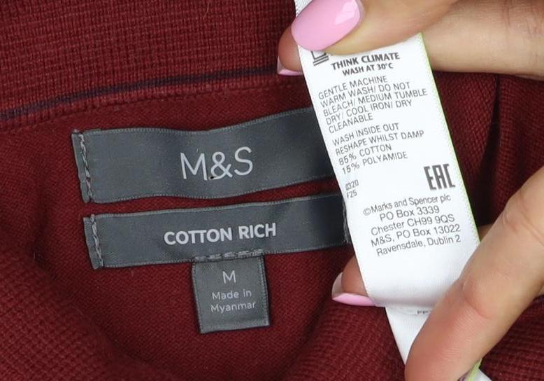 Marks & Spencer Men's Red M Cotton Rich Long Sleeve Knit Polo Shirt