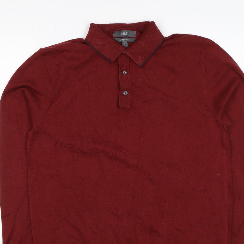 Marks & Spencer Men's Red M Cotton Rich Long Sleeve Knit Polo Shirt