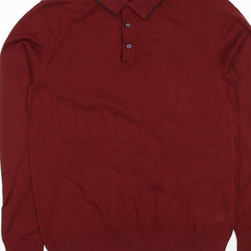 Marks & Spencer Men's Red M Cotton Rich Long Sleeve Knit Polo Shirt