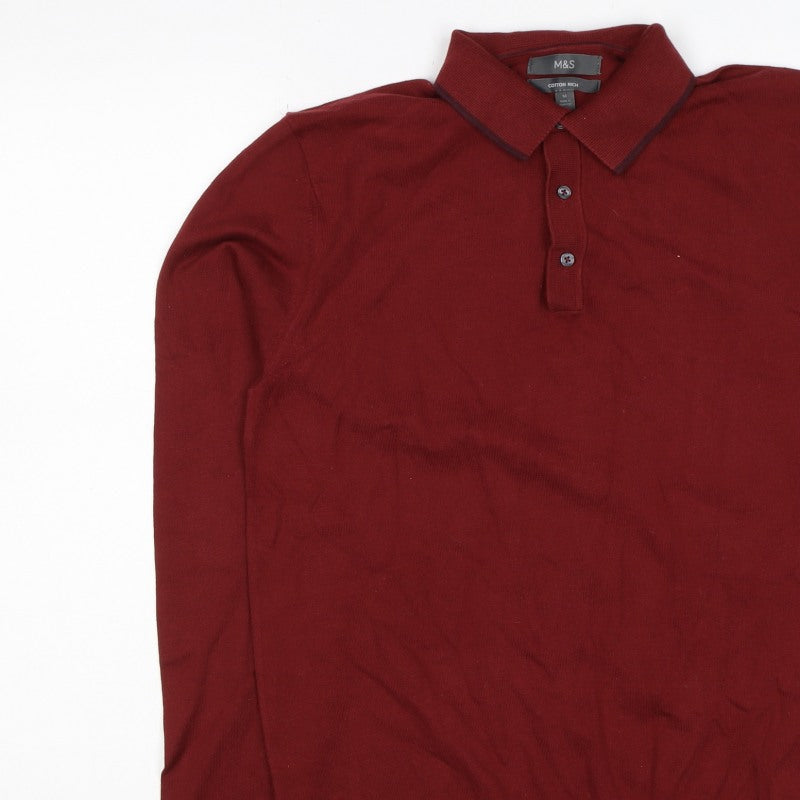 Marks & Spencer Men's Red M Cotton Rich Long Sleeve Knit Polo Shirt
