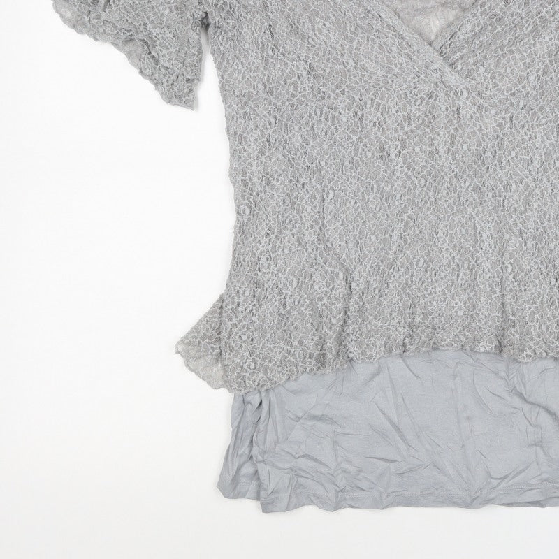 Per Una Women Grey Size 16 Lace Wrap V-Neck Flutter Sleeve Blouse Top