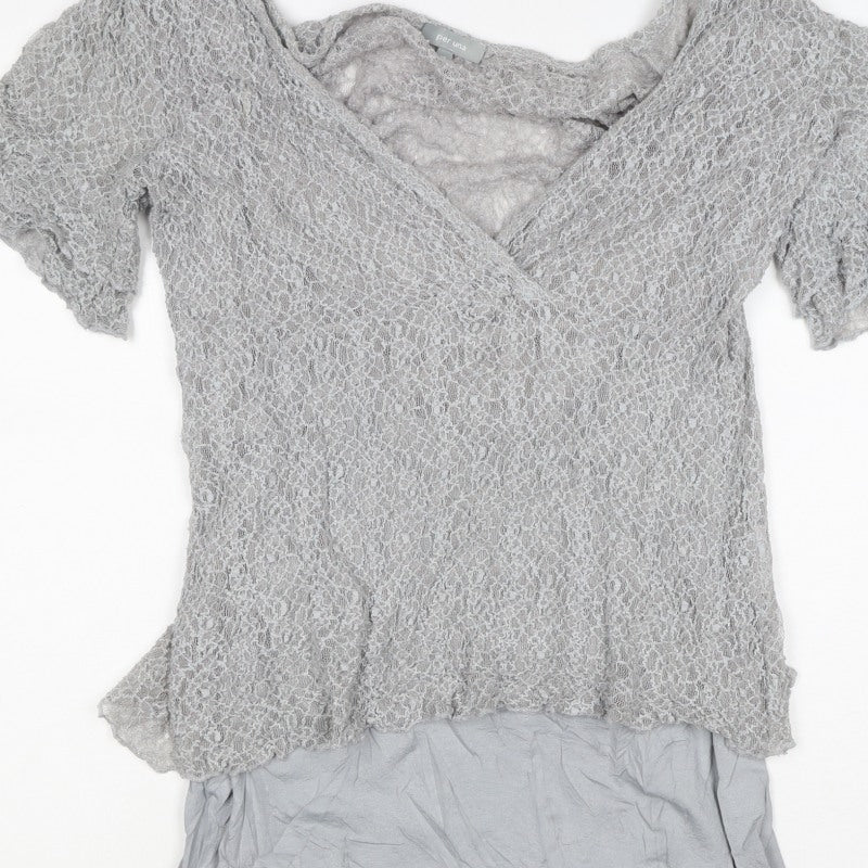 Per Una Women Grey Size 16 Lace Wrap V-Neck Flutter Sleeve Blouse Top