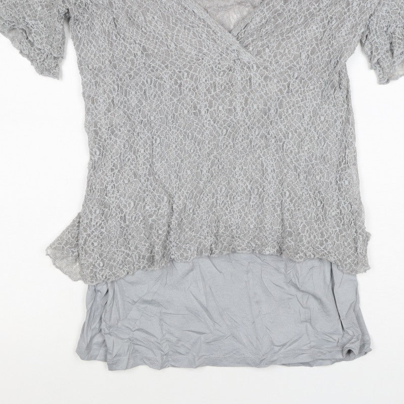 Per Una Women Grey Size 16 Lace Wrap V-Neck Flutter Sleeve Blouse Top