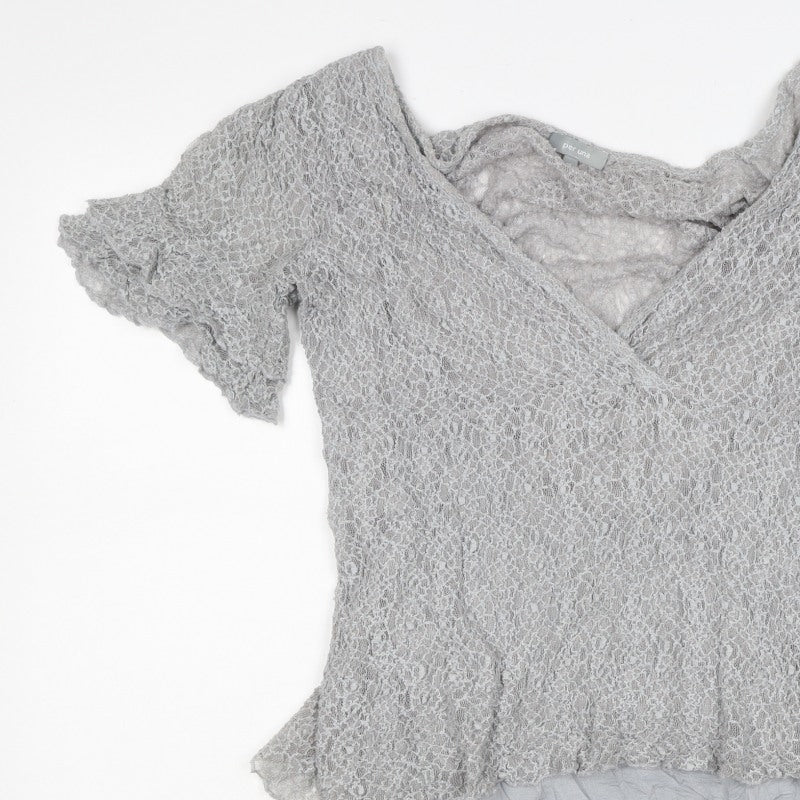 Per Una Women Grey Size 16 Lace Wrap V-Neck Flutter Sleeve Blouse Top