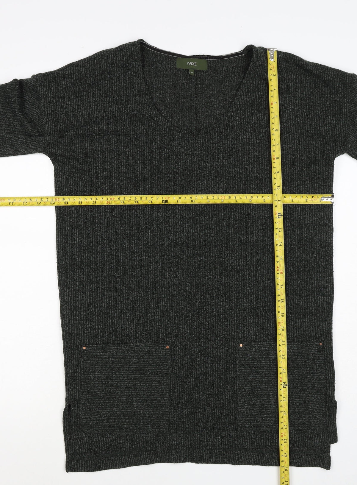 Next Women Grey UK 10 Open Front Longline Knit Cardigan Pockets Stretch