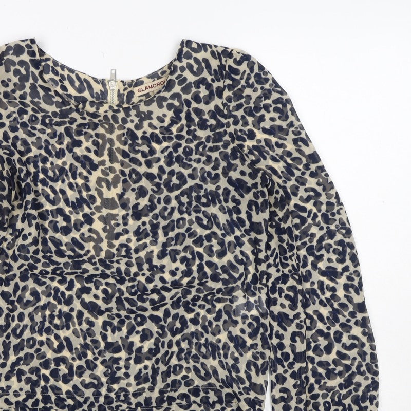 Glamorous Women’s Beige Leopard Print Cropped Zip Blouse UK 8