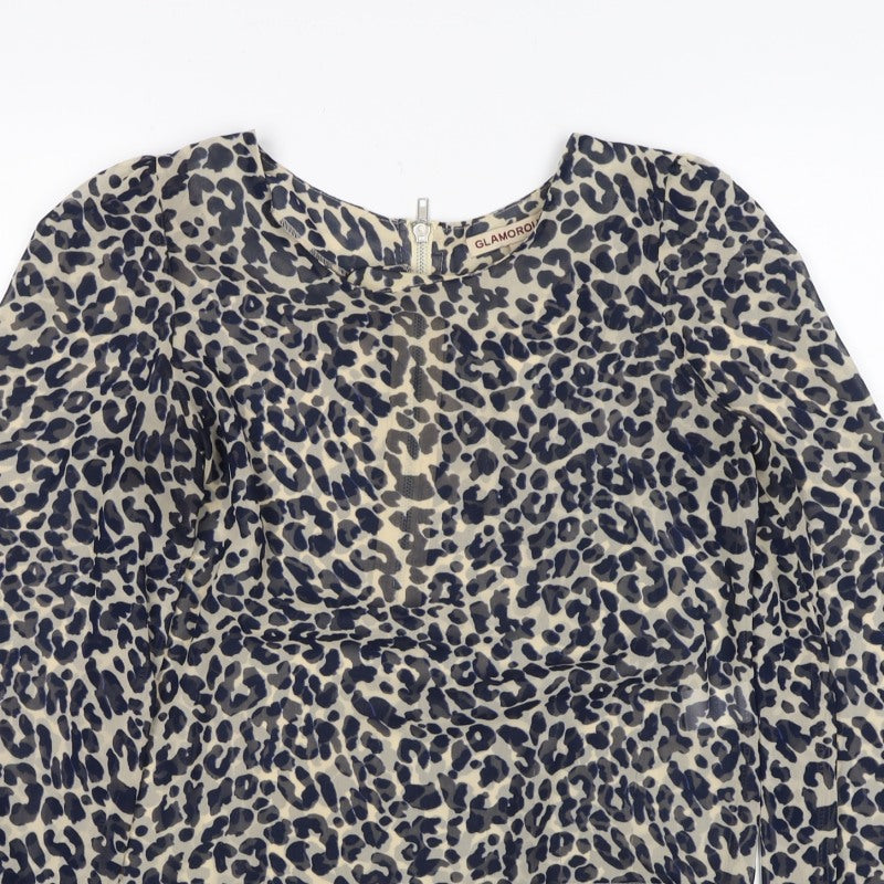 Glamorous Women’s Beige Leopard Print Cropped Zip Blouse UK 8
