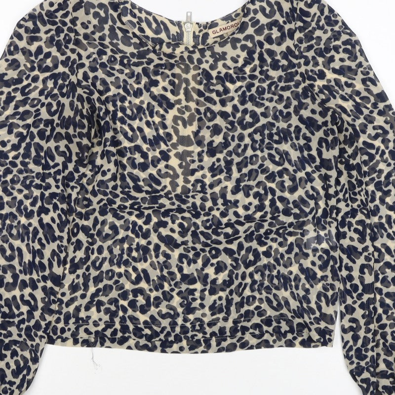 Glamorous Women’s Beige Leopard Print Cropped Zip Blouse UK 8