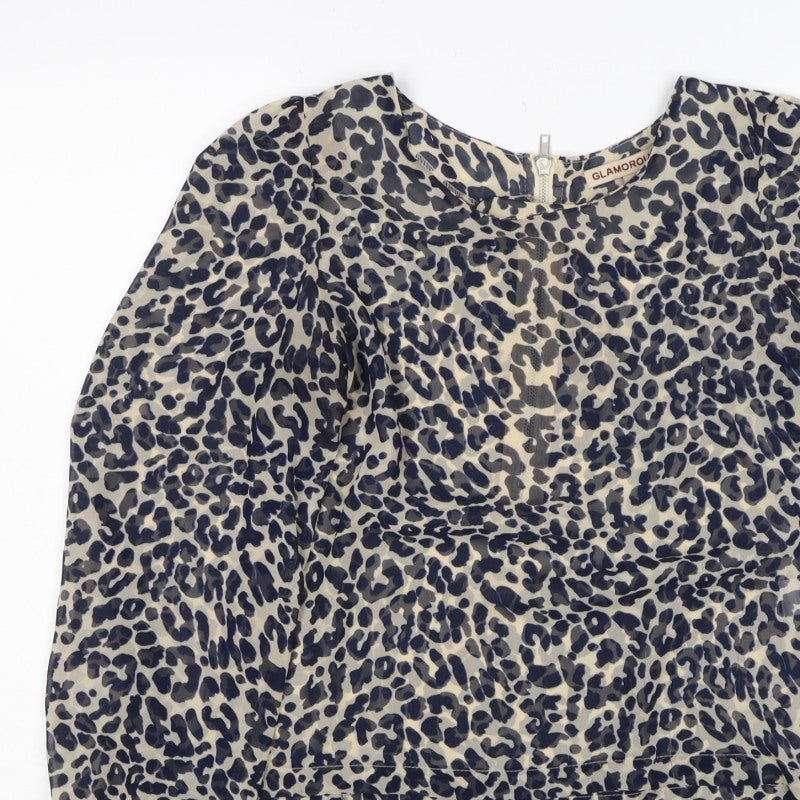 Glamorous Women’s Beige Leopard Print Cropped Zip Blouse UK 8