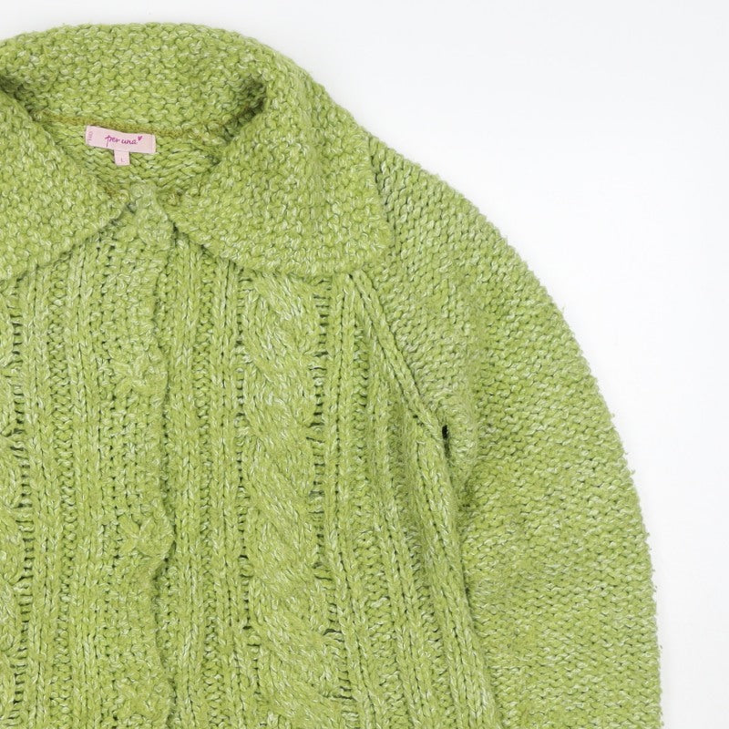 Per Una Women’s Green L Cable Knit Open Cardigan Collared
