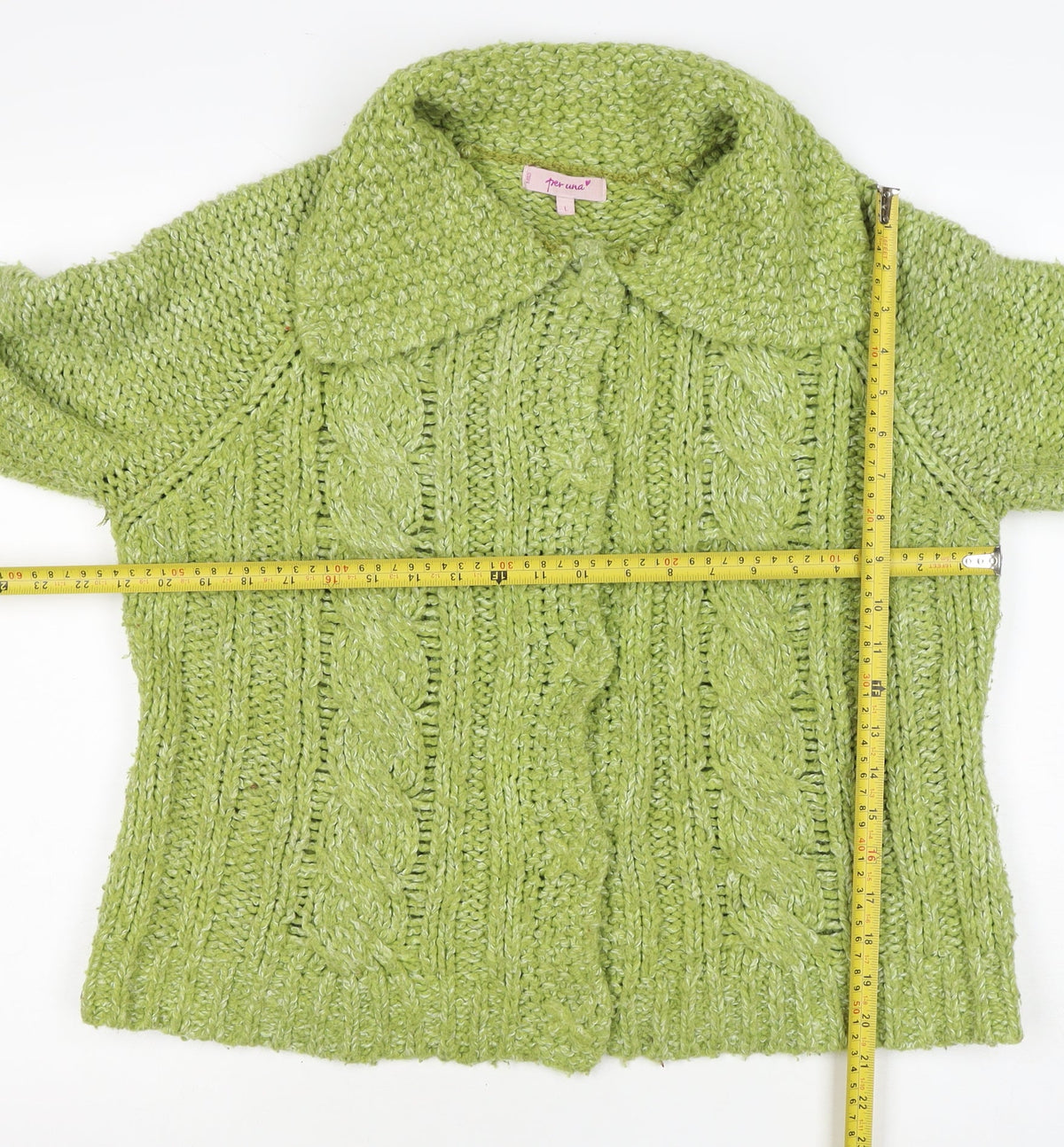 Per Una Women’s Green L Cable Knit Open Cardigan Collared