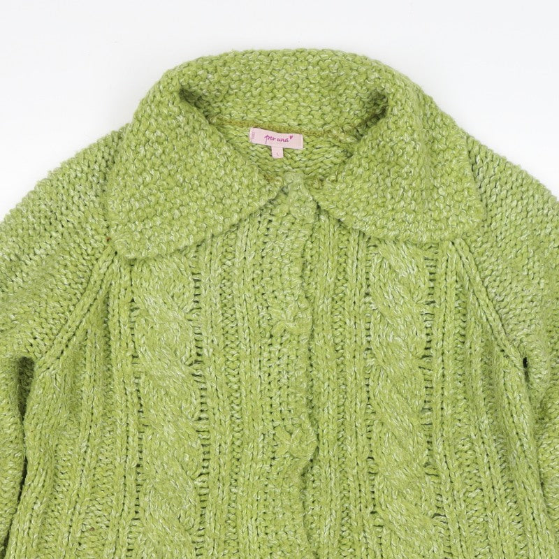 Per Una Women’s Green L Cable Knit Open Cardigan Collared