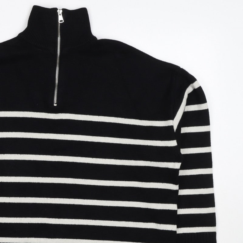 Zara Women Black Stripe High Neck 1/2 Zip Knit Jumper M