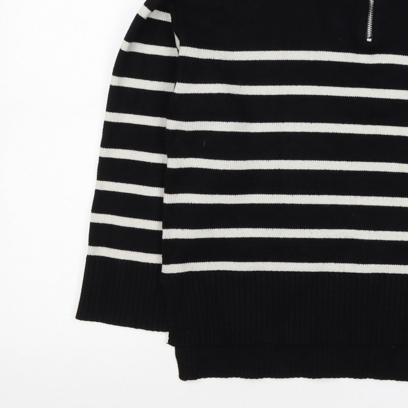 Zara Women Black Stripe High Neck 1/2 Zip Knit Jumper M