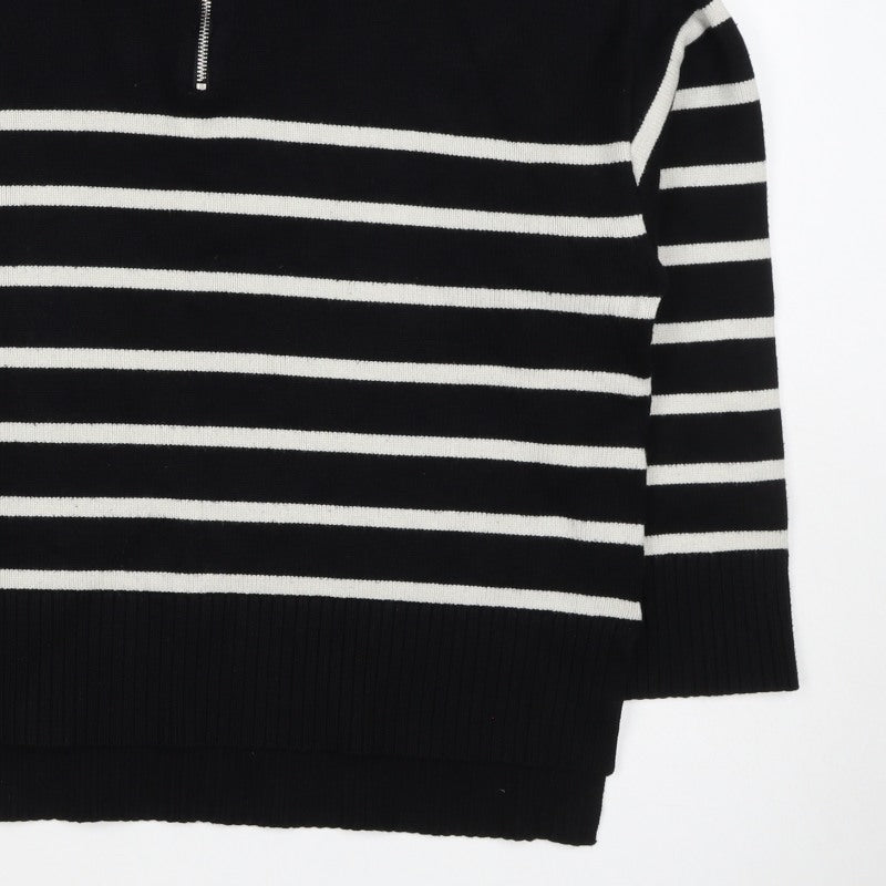 Zara Women Black Stripe High Neck 1/2 Zip Knit Jumper M