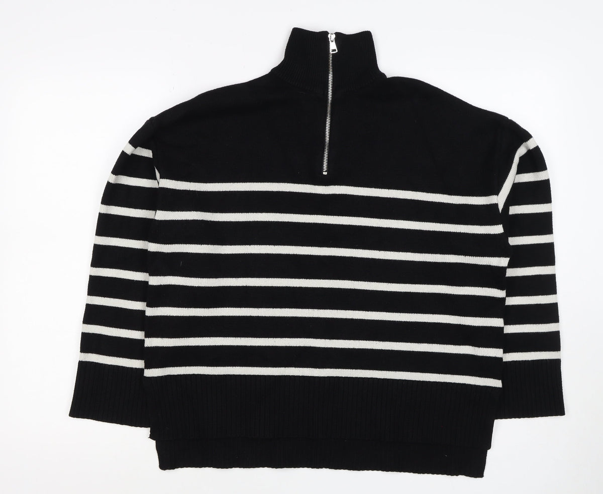 Zara Women Black Stripe High Neck 1/2 Zip Knit Jumper M