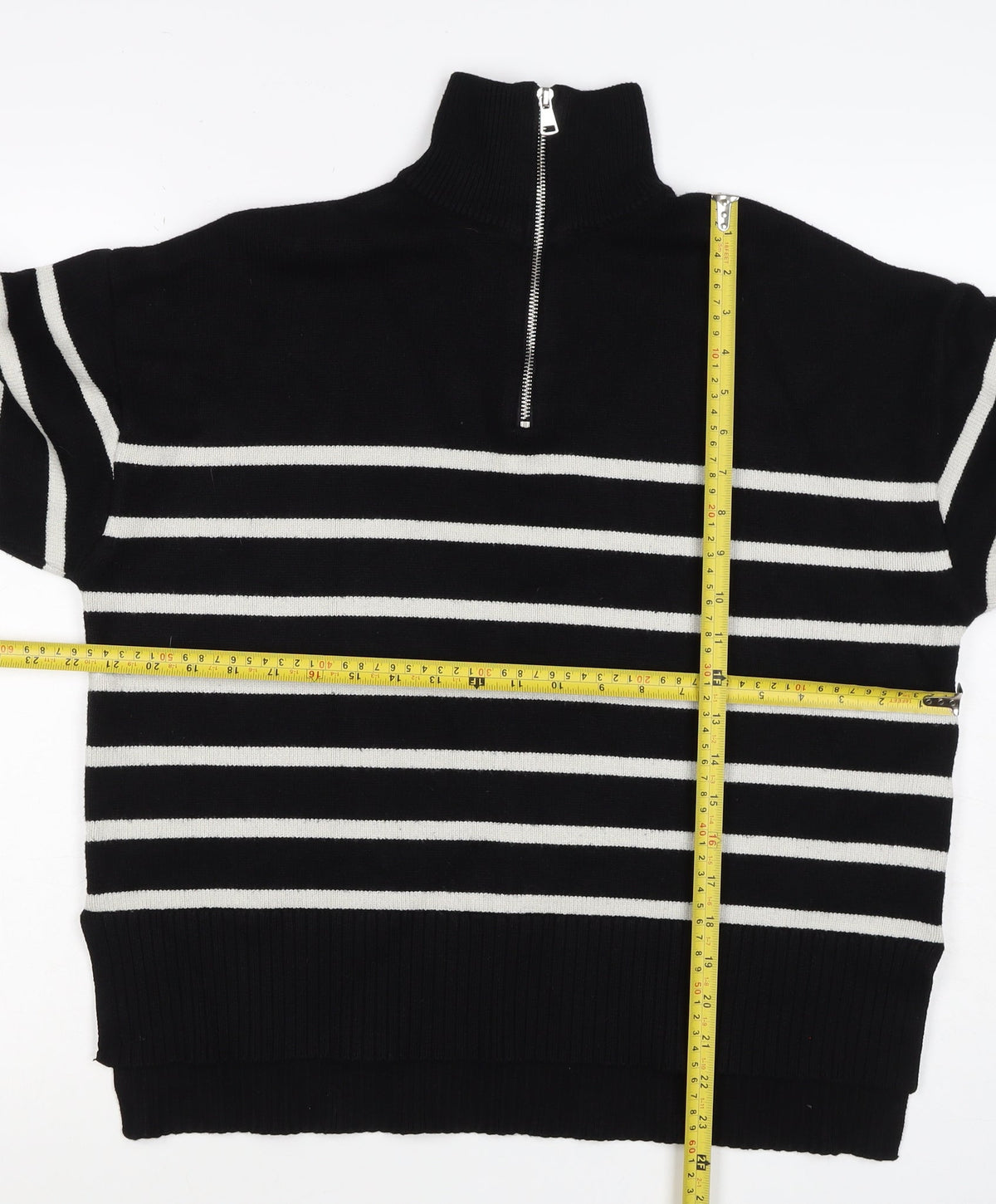 Zara Women Black Stripe High Neck 1/2 Zip Knit Jumper M