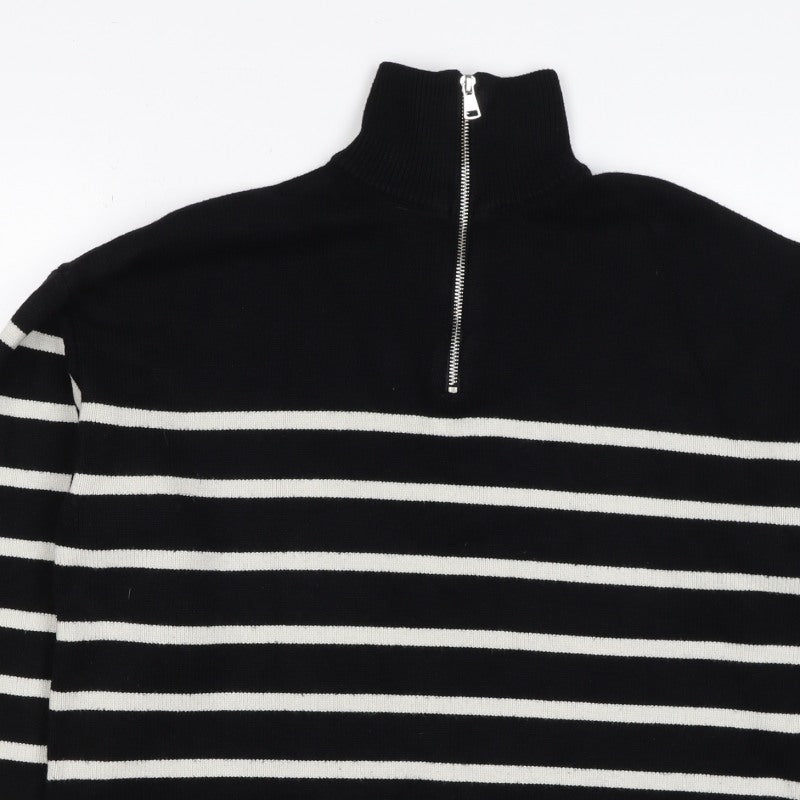 Zara Women Black Stripe High Neck 1/2 Zip Knit Jumper M