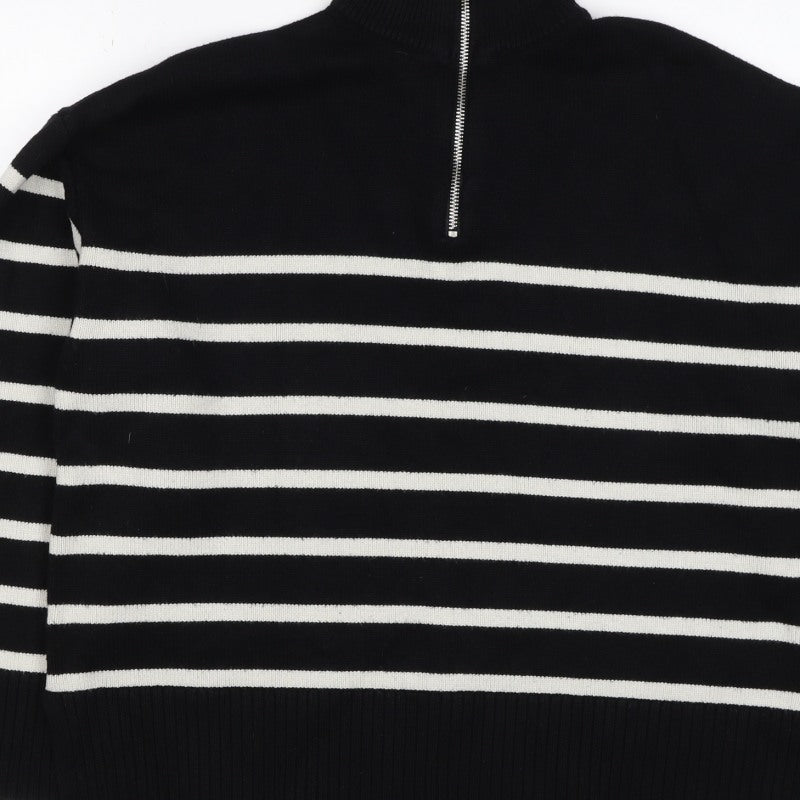 Zara Women Black Stripe High Neck 1/2 Zip Knit Jumper M