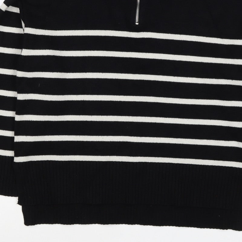 Zara Women Black Stripe High Neck 1/2 Zip Knit Jumper M