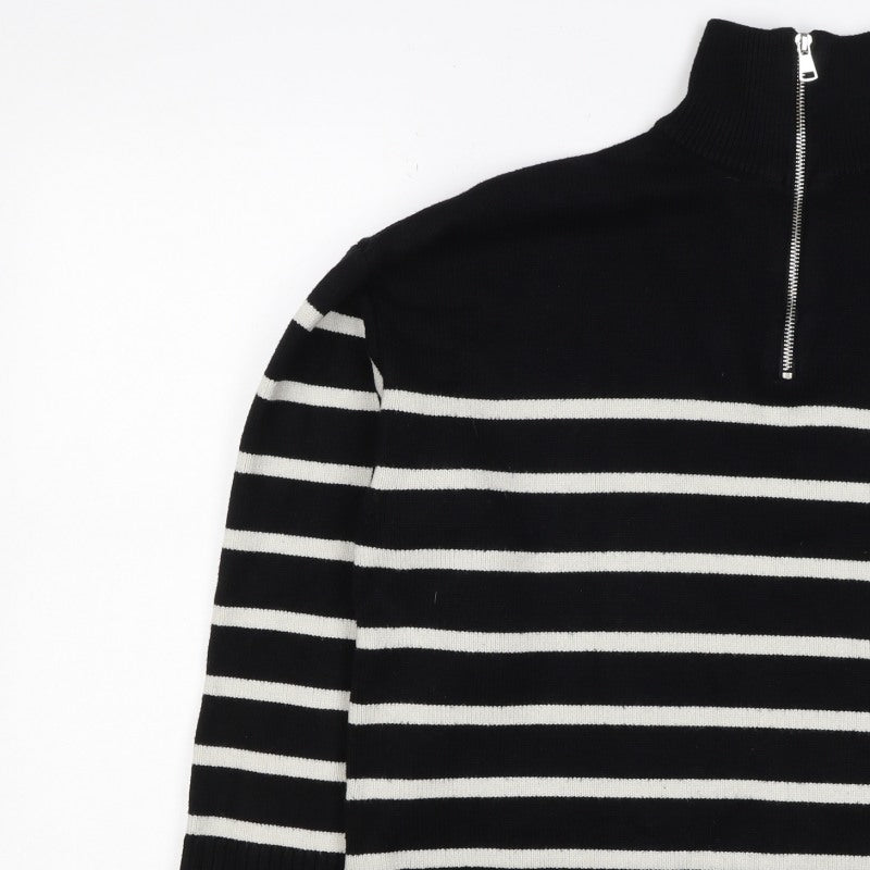 Zara Women Black Stripe High Neck 1/2 Zip Knit Jumper M