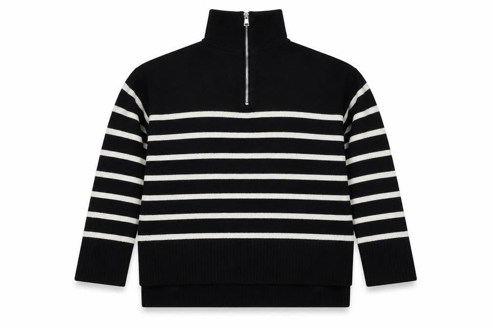 Zara Women Black Stripe High Neck 1/2 Zip Knit Jumper M
