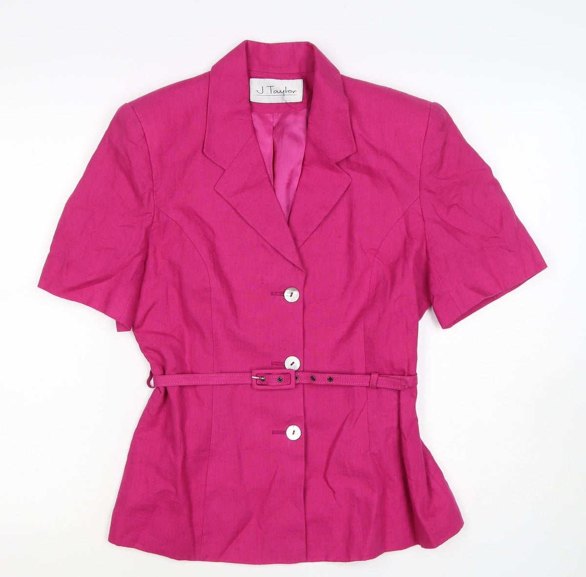 J Taylor Women’s Pink UK 12 Linen Belted Short Sleeve Suit Jacket