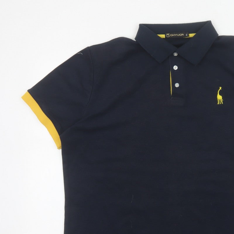 GHYUGR Men’s Black Yellow Trim Embroidered Giraffe Polo Shirt XL