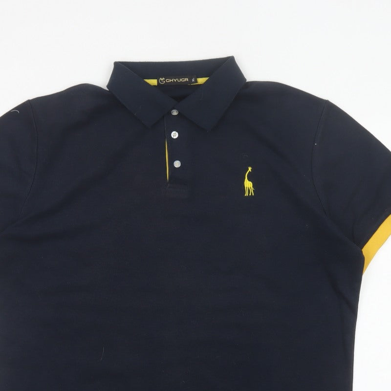 GHYUGR Men’s Black Yellow Trim Embroidered Giraffe Polo Shirt XL