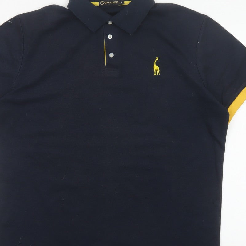 GHYUGR Men’s Black Yellow Trim Embroidered Giraffe Polo Shirt XL