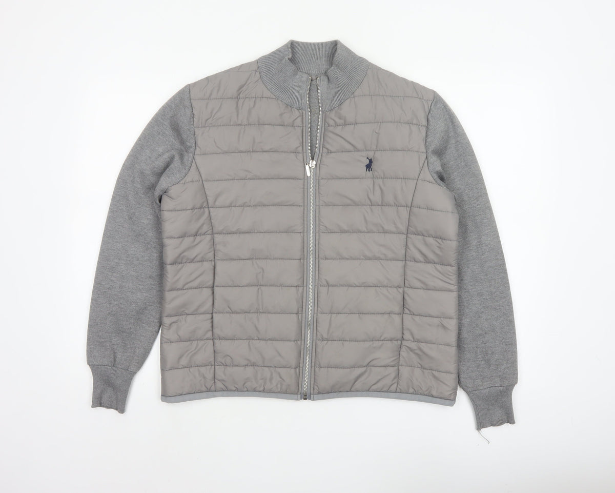 Polo Women Grey M Quilted Puffer Jacket Full Zip Knit Sleeve Logo