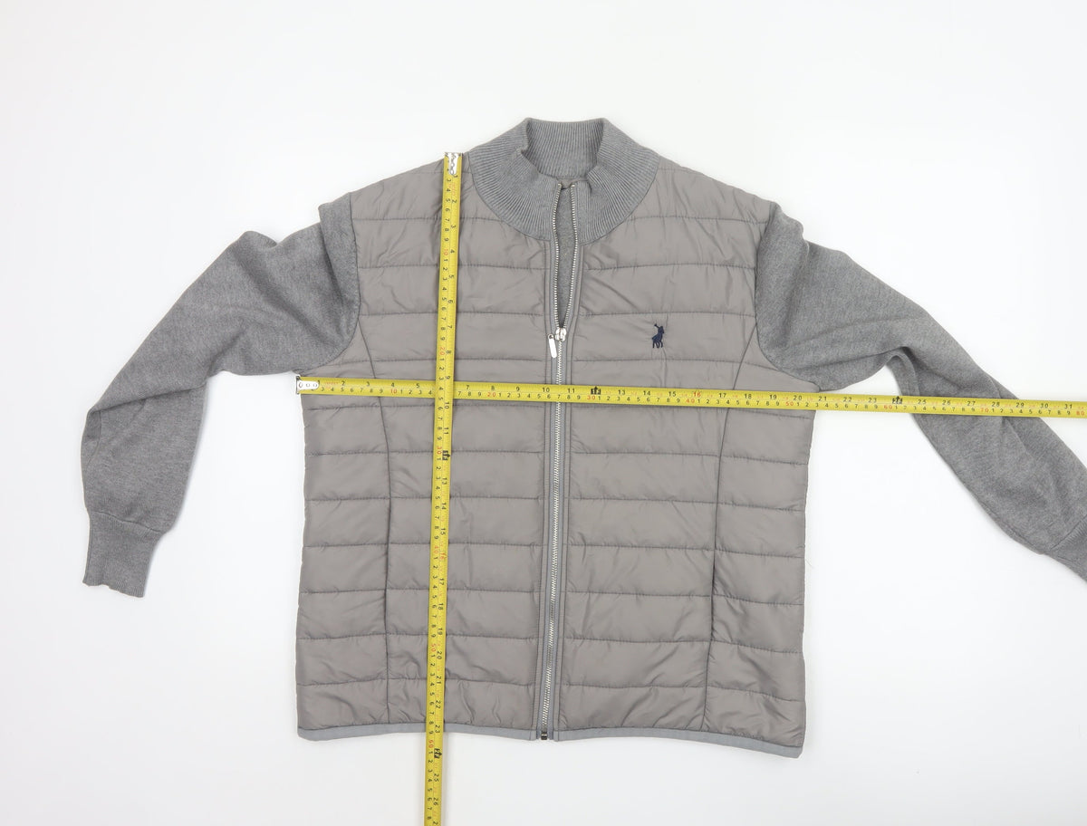 Polo Women Grey M Quilted Puffer Jacket Full Zip Knit Sleeve Logo