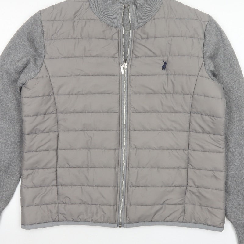 Polo Women Grey M Quilted Puffer Jacket Full Zip Knit Sleeve Logo
