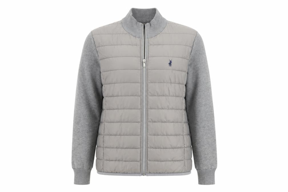 Polo Women Grey M Quilted Puffer Jacket Full Zip Knit Sleeve Logo