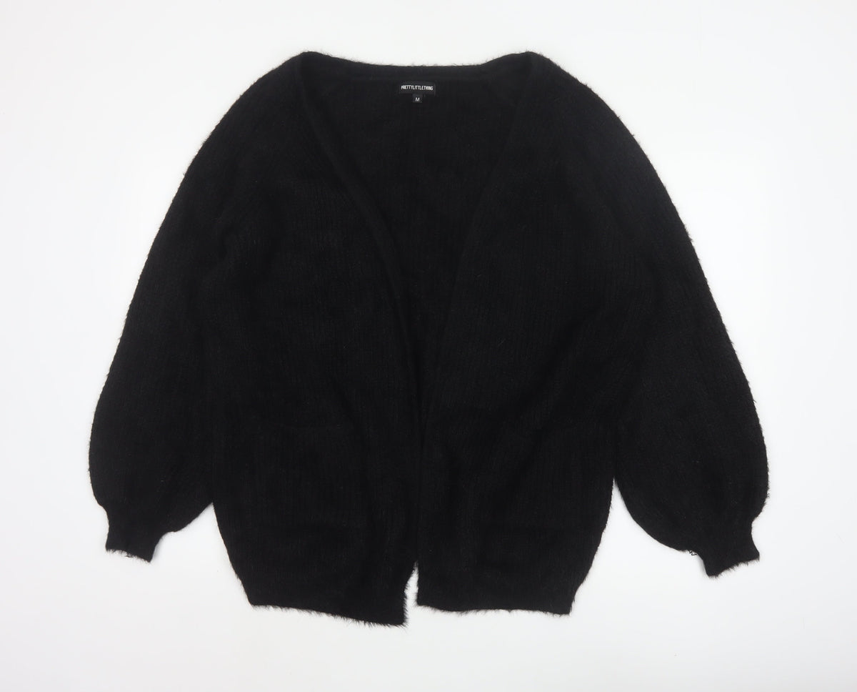 PrettyLittleThing Women Black M Open V-Neck Balloon Sleeve Cardigan