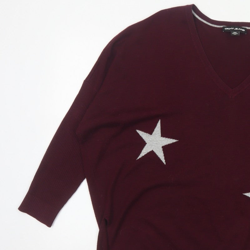 DKNY Jeans Women Red M V-Neck Star Knit Pullover Jumper